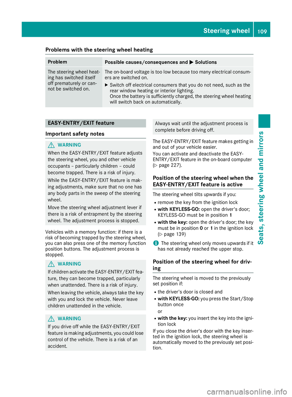 MERCEDES-BENZ E-CLASS CABRIOLET 2015 Owners Manual Problems with the steering wheel heating
Problem
Possible causes/consequences and
M
MSolutions The steering wheel heat-
ing has switched itself
off prematurely or can-
not be switched on. The on-board MERCEDES-BENZ E-CLASS CABRIOLET 2015 Owners Manual Problems with the steering wheel heating
Problem
Possible causes/consequences and
M
MSolutions The steering wheel heat-
ing has switched itself
off prematurely or can-
not be switched on. The on-board