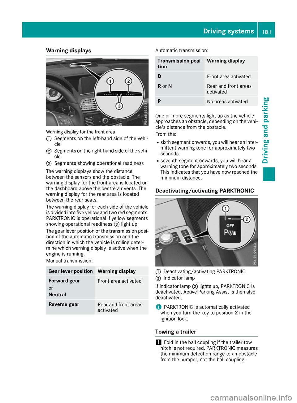 MERCEDES-BENZ E-CLASS CABRIOLET 2015 Owners Manual Warning displays
Warning display for the front area
: Segments on the left-hand side of the vehi-
cle
; Segments on the right-hand side of the vehi-
cle
= Segments showing operational readiness
The wa MERCEDES-BENZ E-CLASS CABRIOLET 2015 Owners Manual Warning displays
Warning display for the front area
: Segments on the left-hand side of the vehi-
cle
; Segments on the right-hand side of the vehi-
cle
= Segments showing operational readiness
The wa