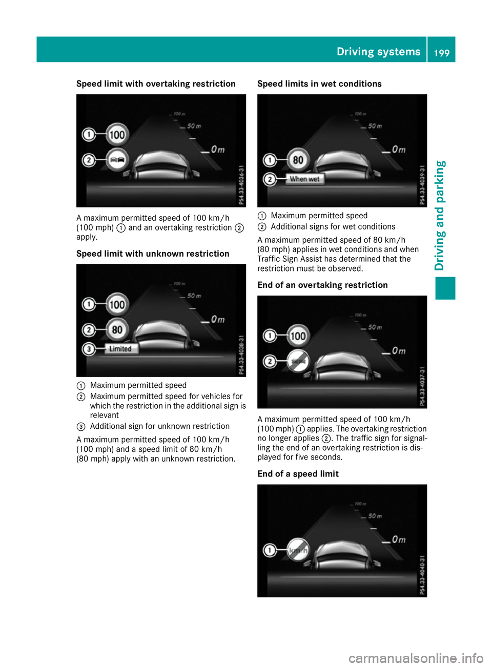 MERCEDES-BENZ E-CLASS CABRIOLET 2015 Owners Manual Speed limit with overtaking restriction
A maximum permitted speed of 100 km/h
(100 mph) :and an overtaking restriction ;
apply.
Speed limit with unknown restriction :
Maximum permitted speed
; Maximum MERCEDES-BENZ E-CLASS CABRIOLET 2015 Owners Manual Speed limit with overtaking restriction
A maximum permitted speed of 100 km/h
(100 mph) :and an overtaking restriction ;
apply.
Speed limit with unknown restriction :
Maximum permitted speed
; Maximum