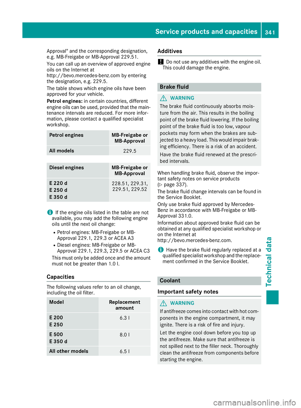 MERCEDES-BENZ E-CLASS CABRIOLET 2015  Owners Manual Approval" and the corresponding designation,
e.g. MB-Freigabe or MB-Approval 229.51.
You can call up an overview of approved engine
oils on the Internet at
http://bevo.mercedes-benz.com by enterin