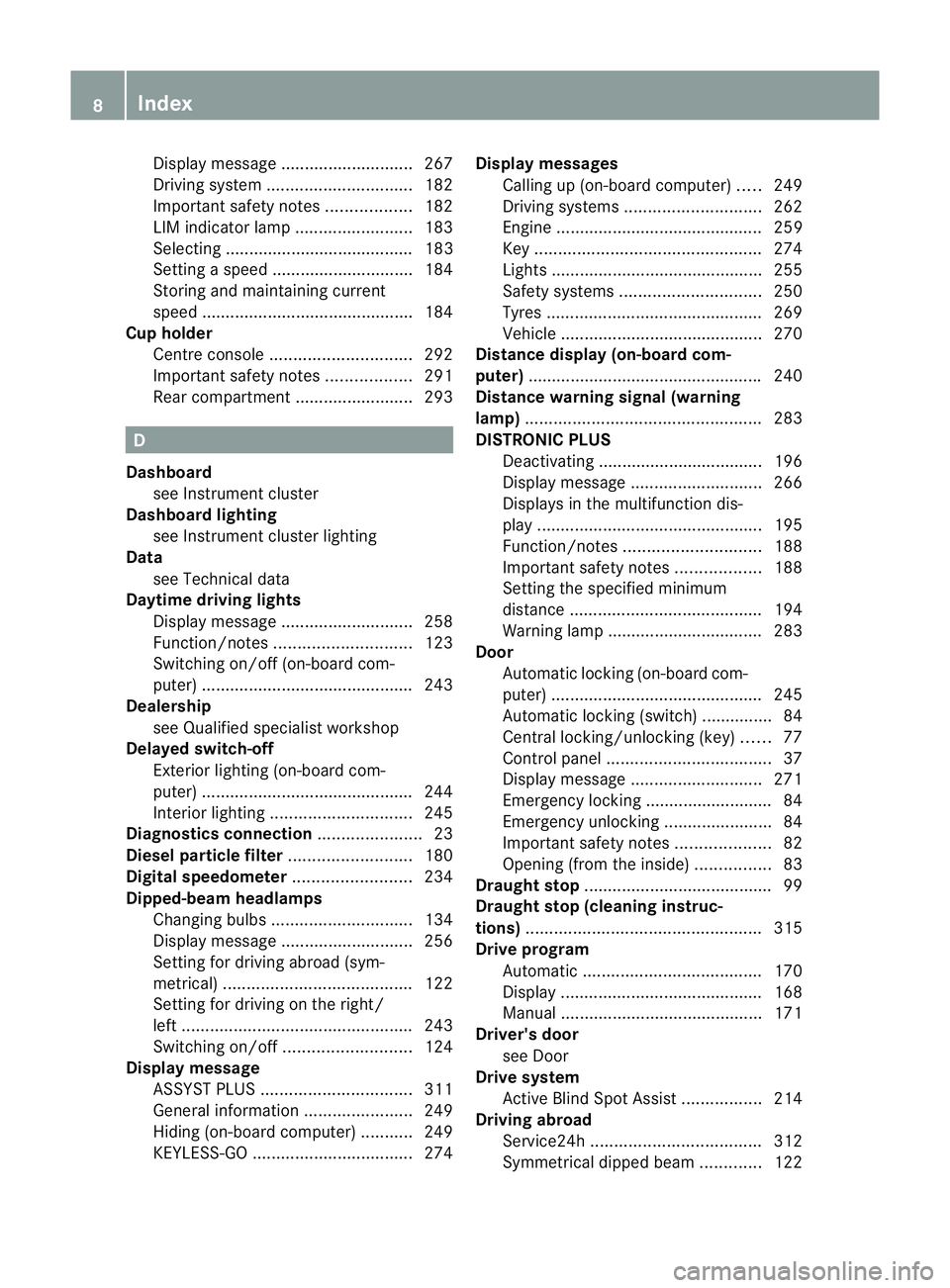 MERCEDES-BENZ E-CLASS CABRIOLET 2012 User Guide Display message
............................ 267
Driving system ............................... 182
Important safety notes ..................182
LIM indicator lamp .........................183
Selecti