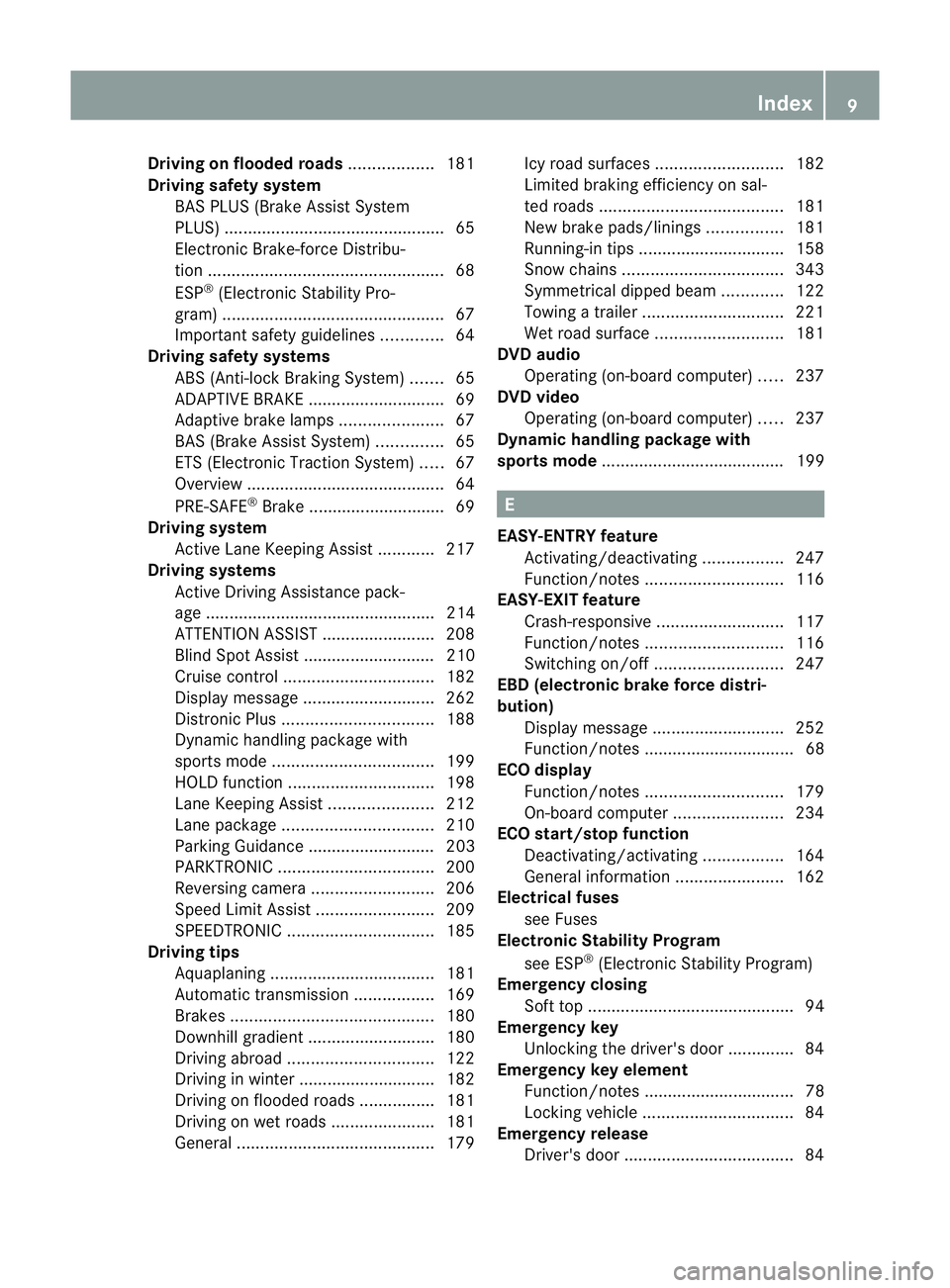 MERCEDES-BENZ E-CLASS CABRIOLET 2012 Owners Manual Driving on flooded roads
..................181
Driving safety system BAS PLUS (Brake Assist System
PLUS) .............................................. .65
Electronic Brake-force Distribu-
tio n...... MERCEDES-BENZ E-CLASS CABRIOLET 2012 Owners Manual Driving on flooded roads
..................181
Driving safety system BAS PLUS (Brake Assist System
PLUS) .............................................. .65
Electronic Brake-force Distribu-
tio n......