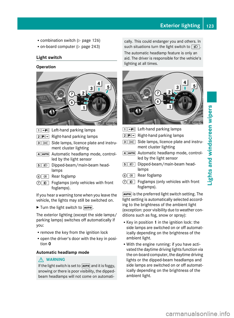 MERCEDES-BENZ E-CLASS CABRIOLET 2012  Owners Manual R
combination switch (Y page 126)
R on-board compute r(Ypage 243)
Light switch Operation
1W
Left-hand parking lamps
2X Right-hand parking lamps
3T Side lamps, licence plate and instru-
ment cluster li