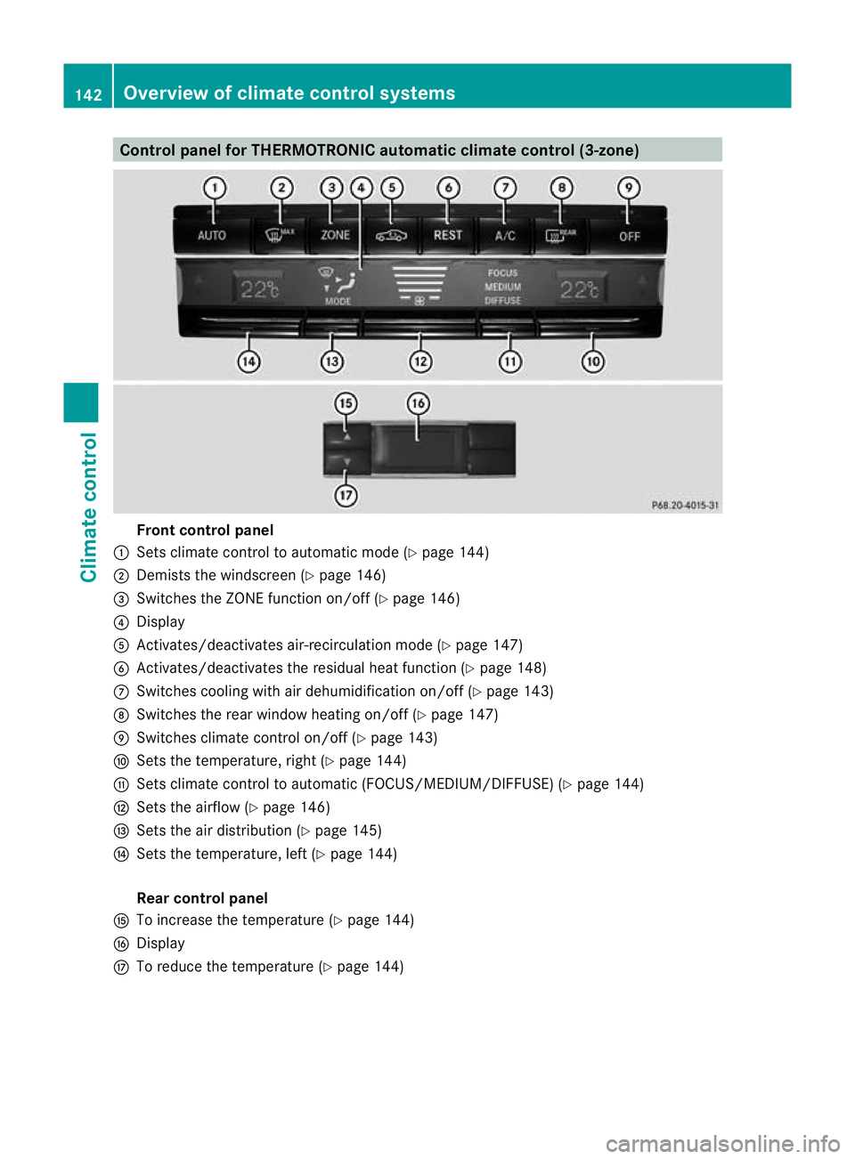 MERCEDES-BENZ E-CLASS CABRIOLET 2012  Owners Manual Control panel for THERMOTRONIC automatic climate control (3-zone)
Fron
tcontrol panel
: Sets climate control to automatic mode (Y page 144)
; Demists the windscreen (Y page 146)
= Switches the ZONE fu