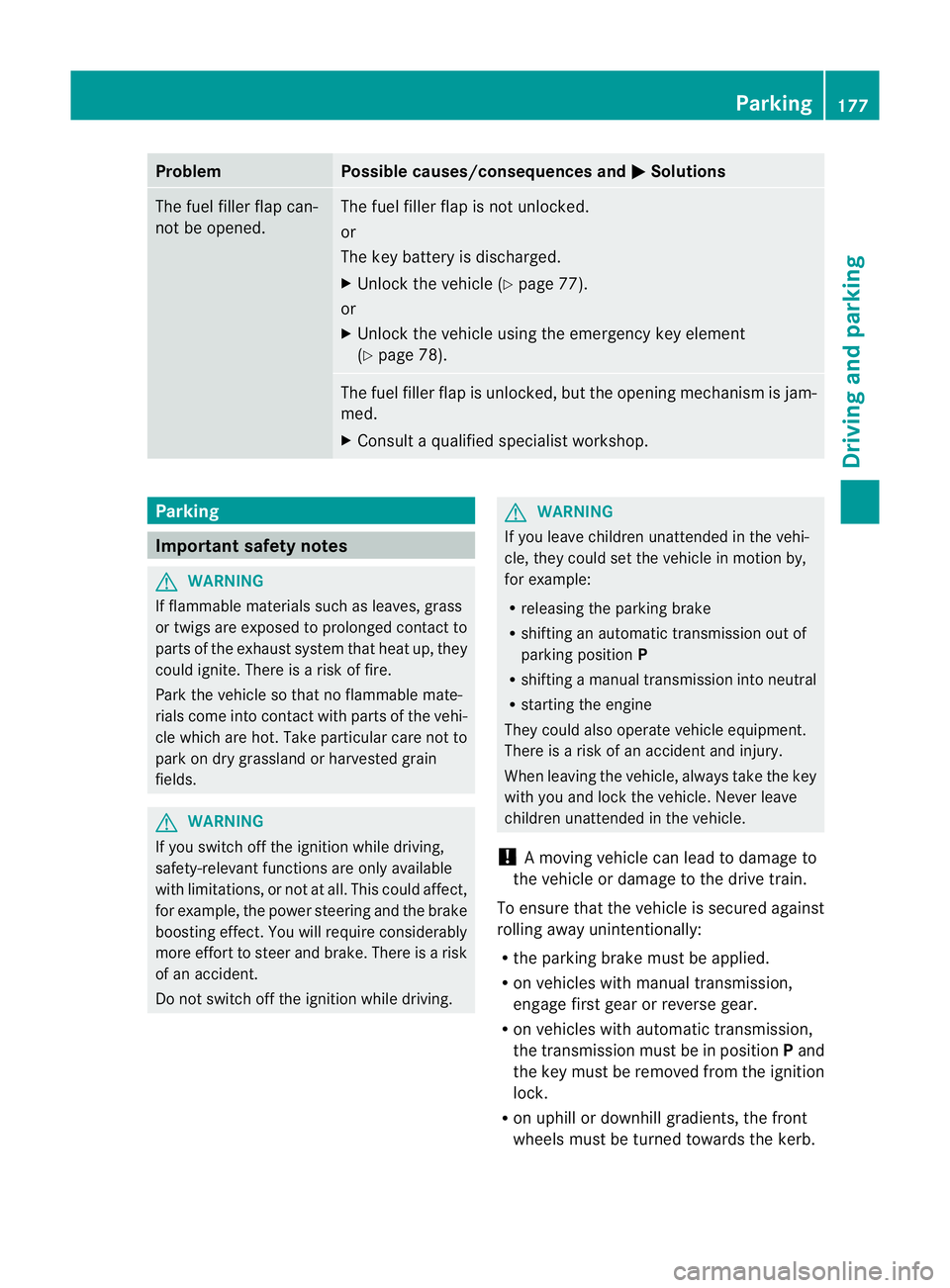 MERCEDES-BENZ E-CLASS CABRIOLET 2012  Owners Manual Problem Possible causes/consequences and
M Solutions
The fuel filler flap can-
not be opened. The fuel filler flap is not unlocked.
or
The key battery is discharged.
X
Unlock the vehicle (Y page 77).
