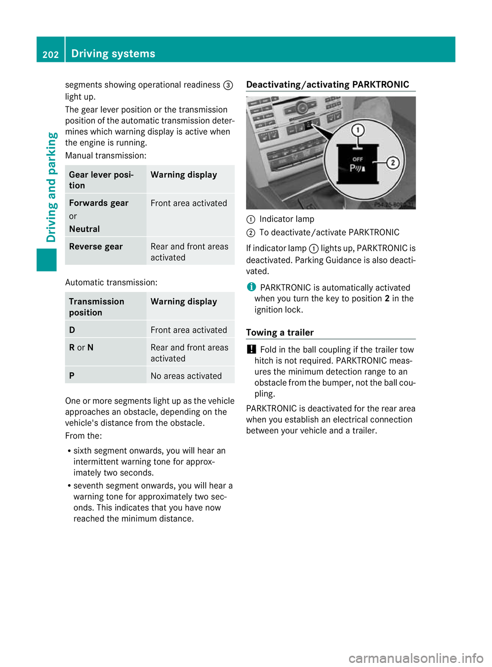 MERCEDES-BENZ E-CLASS CABRIOLET 2012  Owners Manual segments showing operational readiness
=
light up.
The gear lever position or the transmission
position of the automatic transmission deter-
mines which warning display is active when
the engine is ru
