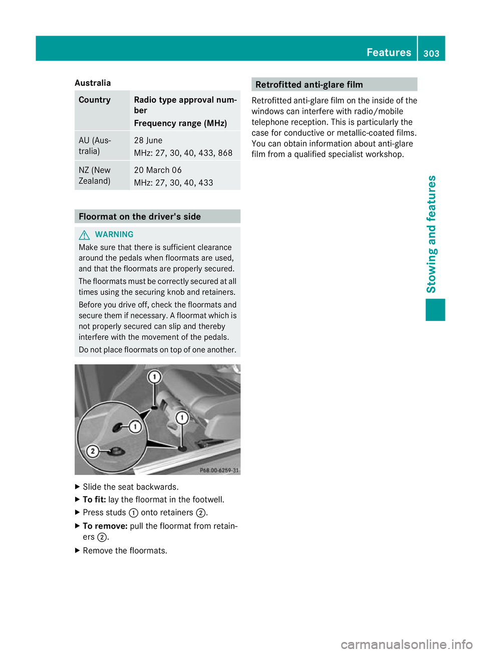 MERCEDES-BENZ E-CLASS CABRIOLET 2012 Owners Manual Australia
Country Radio type approval num-
ber
Frequency range (MHz)
AU (Aus-
tralia) 28 June
MHz: 27, 30, 40
,433, 868 NZ (New
Zealand) 20 March 06
MHz: 27, 30, 40, 433
Floormat on the driver's s MERCEDES-BENZ E-CLASS CABRIOLET 2012 Owners Manual Australia
Country Radio type approval num-
ber
Frequency range (MHz)
AU (Aus-
tralia) 28 June
MHz: 27, 30, 40
,433, 868 NZ (New
Zealand) 20 March 06
MHz: 27, 30, 40, 433
Floormat on the driver's s