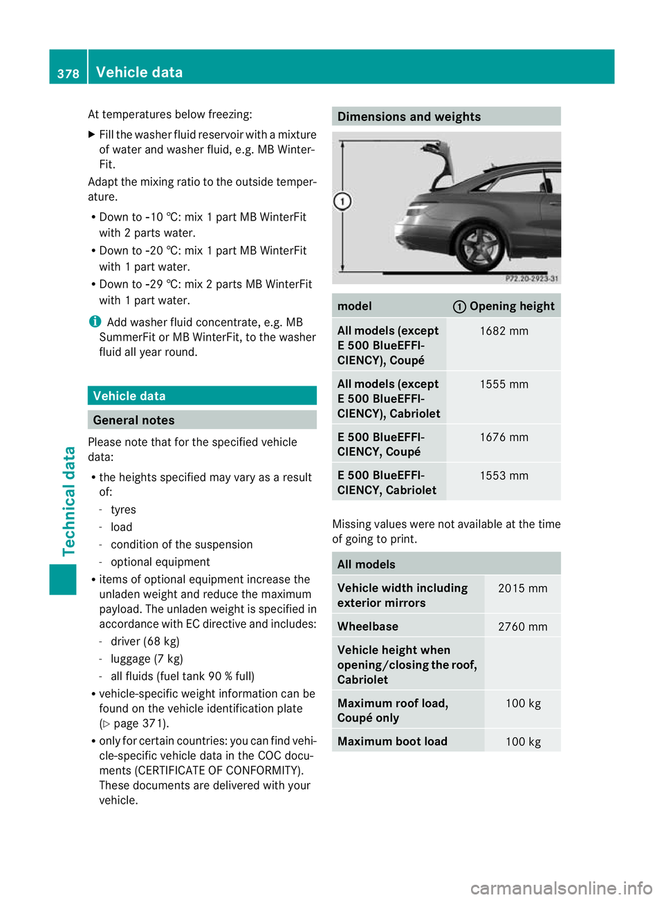 MERCEDES-BENZ E-CLASS CABRIOLET 2012 User Guide At temperatures below freezing:
X
Fill the washe rfluid reservoir with a mixture
of water and washer fluid, e.g. MB Winter-
Fit.
Adapt the mixing ratio to the outside temper-
ature.
R Down to Ò10 † MERCEDES-BENZ E-CLASS CABRIOLET 2012 User Guide At temperatures below freezing:
X
Fill the washe rfluid reservoir with a mixture
of water and washer fluid, e.g. MB Winter-
Fit.
Adapt the mixing ratio to the outside temper-
ature.
R Down to Ò10 †