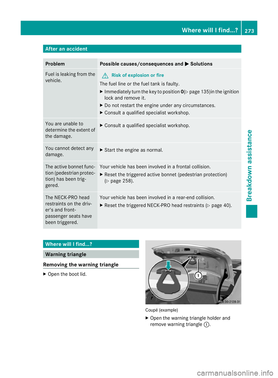 MERCEDES-BENZ E-CLASS CABRIOLET 2010 Owners Manual After an accident
Problem Possible causes/consequences and
M Solutions
Fue
lisl eaking from the
vehicle. G
Ris
kofe xplosion or fire
The fuel line or the fuel tan kisf aulty.
X Immediately turn the ke MERCEDES-BENZ E-CLASS CABRIOLET 2010 Owners Manual After an accident
Problem Possible causes/consequences and
M Solutions
Fue
lisl eaking from the
vehicle. G
Ris
kofe xplosion or fire
The fuel line or the fuel tan kisf aulty.
X Immediately turn the ke