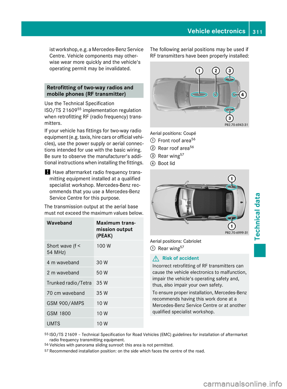 MERCEDES-BENZ E-CLASS CABRIOLET 2010 Owners Manual ist workshop, e.g.
aMercedes-Ben zService
Cent re.V ehicle component smay other-
wise wear mor equickly and the vehicle's
operatin gpermit may be invalidated. Retrofitting of two-way radios and
mo MERCEDES-BENZ E-CLASS CABRIOLET 2010 Owners Manual ist workshop, e.g.
aMercedes-Ben zService
Cent re.V ehicle component smay other-
wise wear mor equickly and the vehicle's
operatin gpermit may be invalidated. Retrofitting of two-way radios and
mo