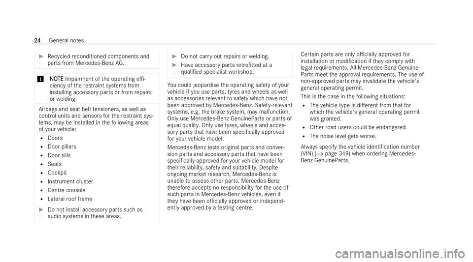 MERCEDES-BENZ EQA SUV 2021  Owners Manual #
Recycled reconditioned components and
parts from Mercedes‑Benz AG.*
N
NO
OTE
TE Impai rment of the operating e1-
ciency of there straint systems from
installing accessor y parts or fromrepairs
or