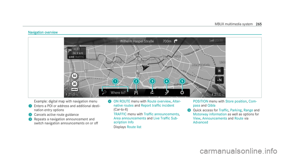 MERCEDES-BENZ EQA SUV 2021  Owners Manual N
N
a
avig
vig ation ov
ation overerview
view Example: digital map with navigation menu
1 Enters a POI or address and additional desti-
nation entry options
2 Cancels active route guidance
3 Repeats a