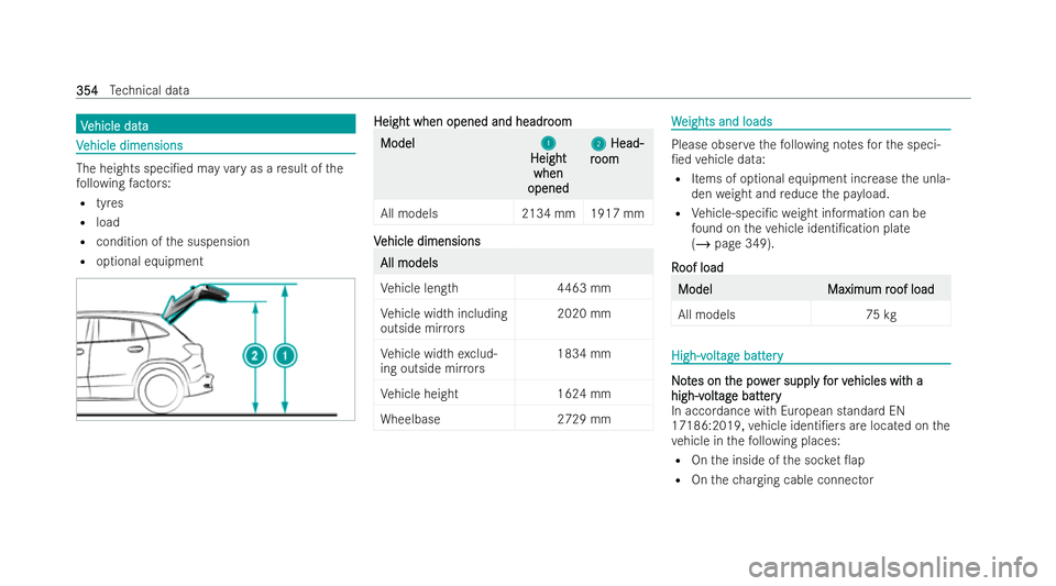MERCEDES-BENZ EQA SUV 2021  Owners Manual V
V
ehicle data
ehicle data V
V
ehicle dimensions
ehicle dimensions The heights speci/ed may
vary as a result of the
fo llowing factors:
R tyres
R load
R condition of the suspension
R optional equipm