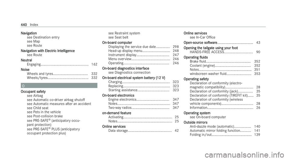 MERCEDES-BENZ EQA SUV 2021  Owners Manual N
N
a
avig
vig ation
ation
see Destination entry
see Map
see Route
Na
Na vig vigation wit
ation wit h Electr
h Electric Int
ic Intellig
elligence
ence
see Route
N N eutr eutr al
al
Engaging...........
