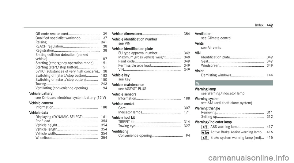 MERCEDES-BENZ EQA SUV 2021  Owners Manual QR code
rescue car d............................... 39
Quali/ed specialist workshop.................. .37
Ra ising................................................... 341
REACH regulation.............