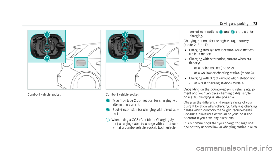 MERCEDES-BENZ EQB SUV 2021  Owners Manual Combo
1vehicles ocket Combo
2vehicles ocket
1 Type 1ort ype2connection forc hargin gwith
alternating cur rent
2 Sockete xtension forc hargin gwithd irect cur-
re nt
% Whe nusing aCCS (Combined Cha rgi