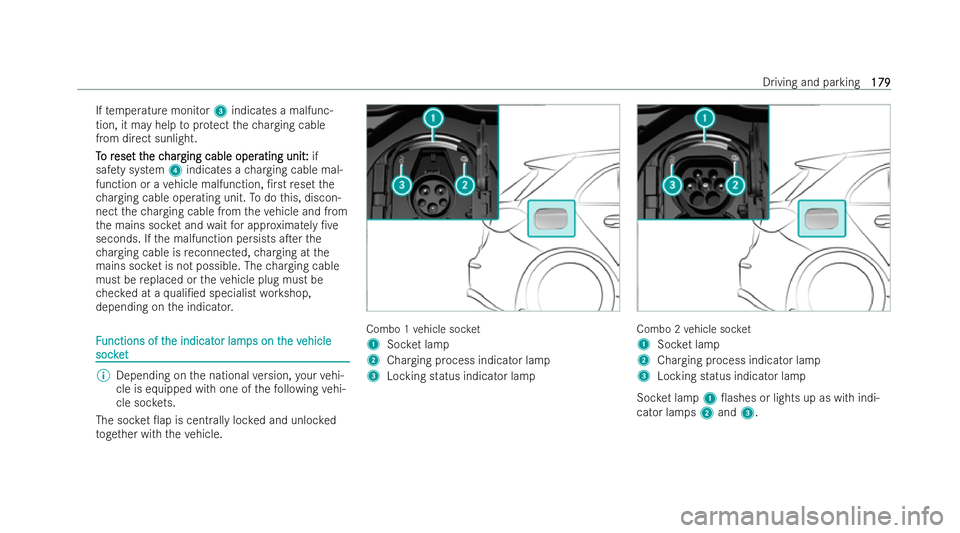 MERCEDES-BENZ EQB SUV 2021  Owners Manual If
te mp eratur emonitor 3indicates amalfunc-
tion, it ma yhelp toprotect thec hargin gcable
from direct sunlight.
T T or
or ese
ese tt
tthe c
he c har
hargingc able oper
gin gc able oper atingunit:
a