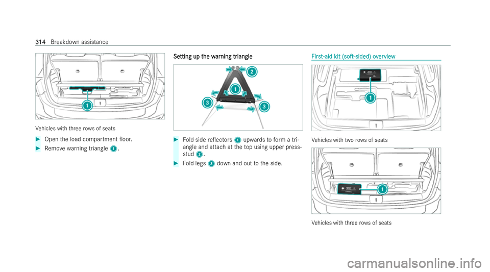 MERCEDES-BENZ EQB SUV 2021  Owners Manual Ve
hicles wit hthree rows of seats #
Open thel oad compartment 0oor. #
Remo vewarning triangle 1. Se
Se
tting up t
tting up t he w
he war
arning tr
ning tr iangle
iangle #
Fold side re0ectors 1upwar