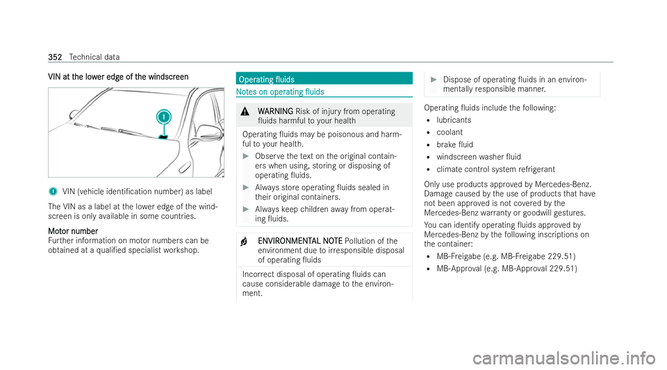 MERCEDES-BENZ EQB SUV 2021  Owners Manual VIN at t
VIN at t
he low
he lower edg
er edgeoft
eofthe windscr
he windscr een
een 1
VIN (vehicl eidenti/cation number) as label
The VIN as alabel at thel owe redgeoft he wind-
screen is onl yavailab