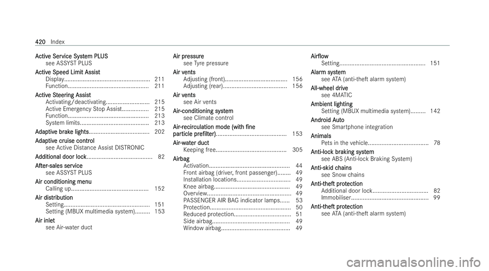 MERCEDES-BENZ EQB SUV 2021  Owners Manual A
A
ctiv
ctiv eSer
eS ervice Sy
vice Sy st
stem PL
em PL US
US
see AS SYST PLUS
A
A ctiv
ctiv eSpeed Limi tAssist
eS peed Limi tAssist
Display.................................................. .211
Fu