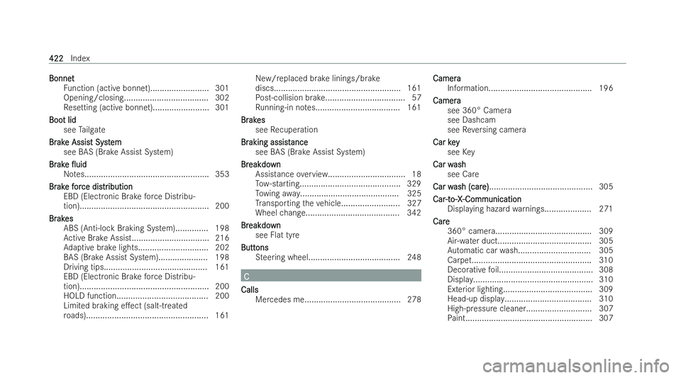 MERCEDES-BENZ EQB SUV 2021  Owners Manual Bonnet
Bonnet
Functio n(activeb onnet)......................... 301
Opening/closing.................................... 302
Re setting (activ ebonn et)........................ 301
Boo
Boo tlid
tl id
s