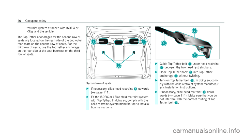 MERCEDES-BENZ EQB SUV 2021 Manual PDF re
straint system at tach ed wit hISOFIX or
i‑Sizea ndthev ehicle.
The TopT ether anchorages fort he second rowof
seats ar elocated on ther ear side of thet wo outer
re ar seats on thes econd rowofs