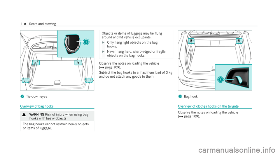 MERCEDES-BENZ EQC SUV 2022  Owners Manual 1
Tie-down eyes Ov
Ov
er
ervie
vie w of bag hooks
w of bag hooks &
W
WARNING
ARNING Risk of injury when using bag
hooks with heavy objects
The bag hooks cannot restrain he avy objects
or items of lug 