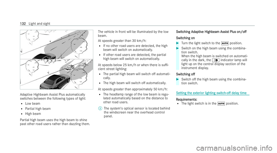 MERCEDES-BENZ EQC SUV 2022  Owners Manual Ad
aptive Highbeam Assist Plus automatically
switches between thefo llowing types of light:
R Low beam
R Partial high beam
R High beam
Pa rtial high beam uses the high beam toshine
past other road use