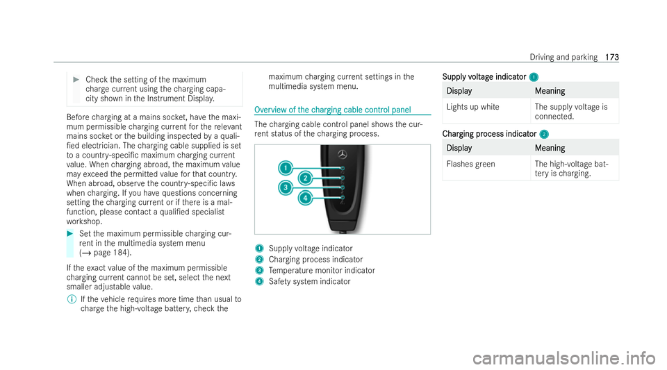 MERCEDES-BENZ EQC SUV 2022  Owners Manual #
Check the setting of the maximum
ch arge cur rent using thech arging capa-
city shown in the Instrument Displa y.Before
charging at a mains soc ket, ha vethe maxi-
mum permissible charging cur rent 