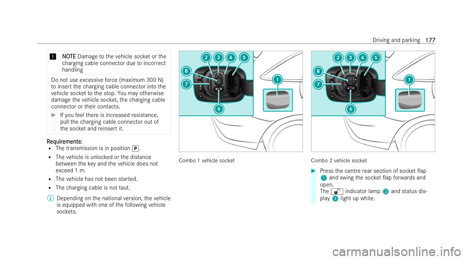 MERCEDES-BENZ EQC SUV 2022  Owners Manual *
N
N O
OTE
TE Damage totheve hicle soc ket or the
ch arging cable connector due toincor rect
handling Do not use
excessive forc e (maximum 300 N)
to insert thech arging cable connector into the
ve hi