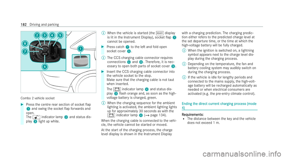MERCEDES-BENZ EQC SUV 2022  Owners Manual Combo 2
vehicle soc ket #
Press the centre rear section of soc ket 0ap
1 and swing the soc ket 0ap forw ards and
open.
The % indicator lamp 2and status dis-
play 3light up white. %
When theve hicle 