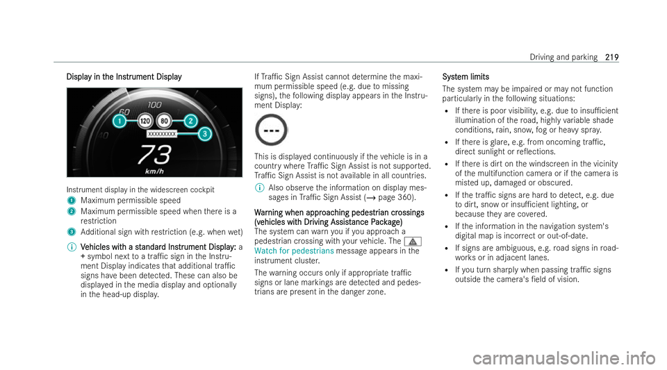 MERCEDES-BENZ EQC SUV 2022  Owners Manual Displa
Displa
y in t
y in the Ins
he Instr trument Display
ument Display Instrument display in
the widescreen cockpit
1 Maximum permissible speed
2 Maximum permissible speed when there is a
re stricti