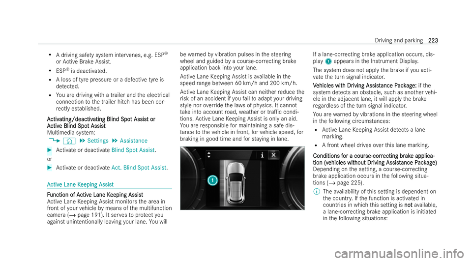 MERCEDES-BENZ EQC SUV 2022  Owners Manual R
A driving sa fety system inter venes, e.g. ESP ®
or Active Brake Assist.
R ESP ®
is deactivated.
R A loss of tyre pressure or a defective tyre is
de tected.
R You are driving with a trailer and th