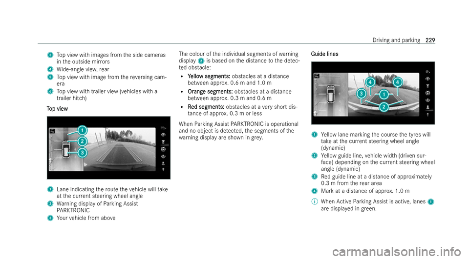 MERCEDES-BENZ EQC SUV 2022  Owners Manual 3
Top view with images from the side cameras
in the outside mir rors
4 Wide-angle vie w,rear
5 Top view with image from there ve rsing cam-
era
6 Top view with trailer view (vehicles with a
trailer hi