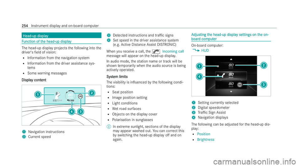 MERCEDES-BENZ EQC SUV 2022  Owners Manual Head-up display
Head-up display
F
F
unction of t
unction of t he head-up display
he head-up display The head-up display projects
thefo llowing into the
driver's /eld of vision:
R Information from