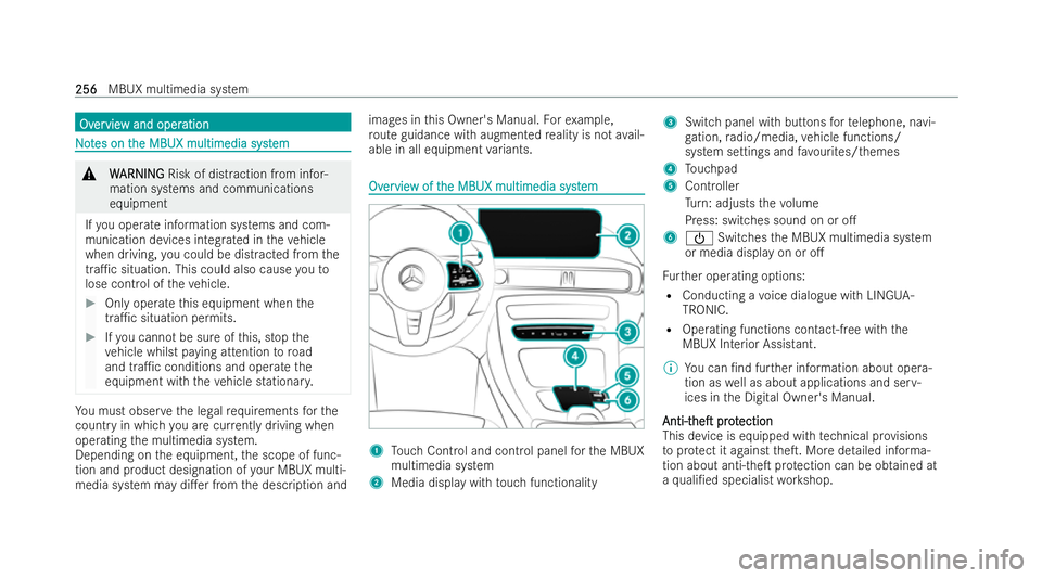 MERCEDES-BENZ EQC SUV 2022  Owners Manual Ov
Ov
er
ervie
vie w and oper
w and oper ation
ation N
No
ot
tes on t
es on t he MBUX multimedia syst
he MBUX multimedia syst em
em&
W
WARNING
ARNING Risk of dist raction from infor-
mation systems an