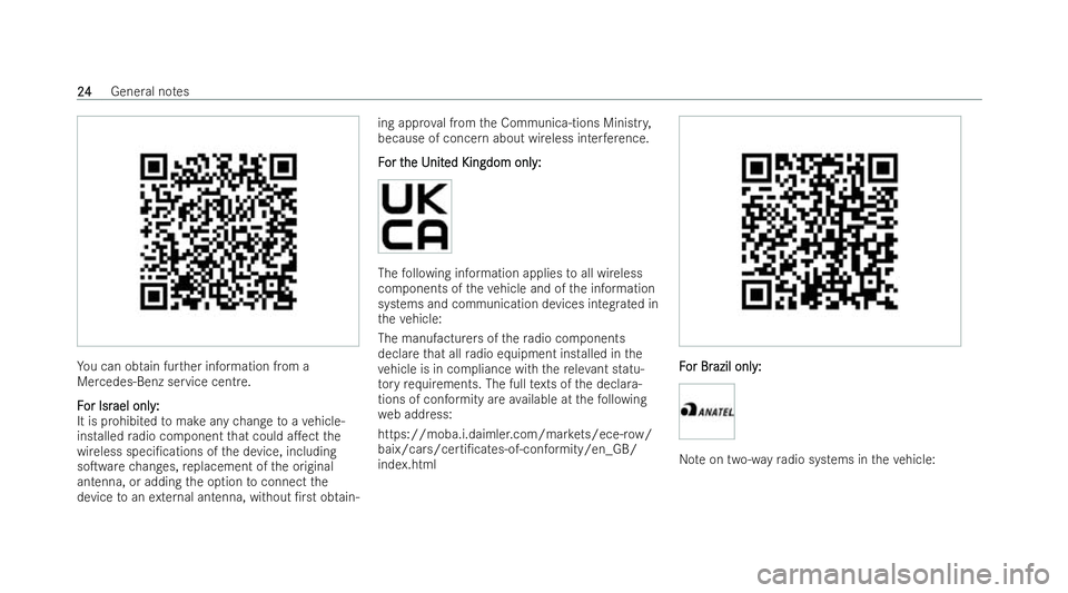 MERCEDES-BENZ EQC SUV 2022  Owners Manual Yo
u can obtain fur ther information from a
Mercedes-Benz service centre.
F F or Isr
or Isr ael onl y:
ael onl y:
It is prohibi tedto make any change toave hicle-
ins talled radio component that could