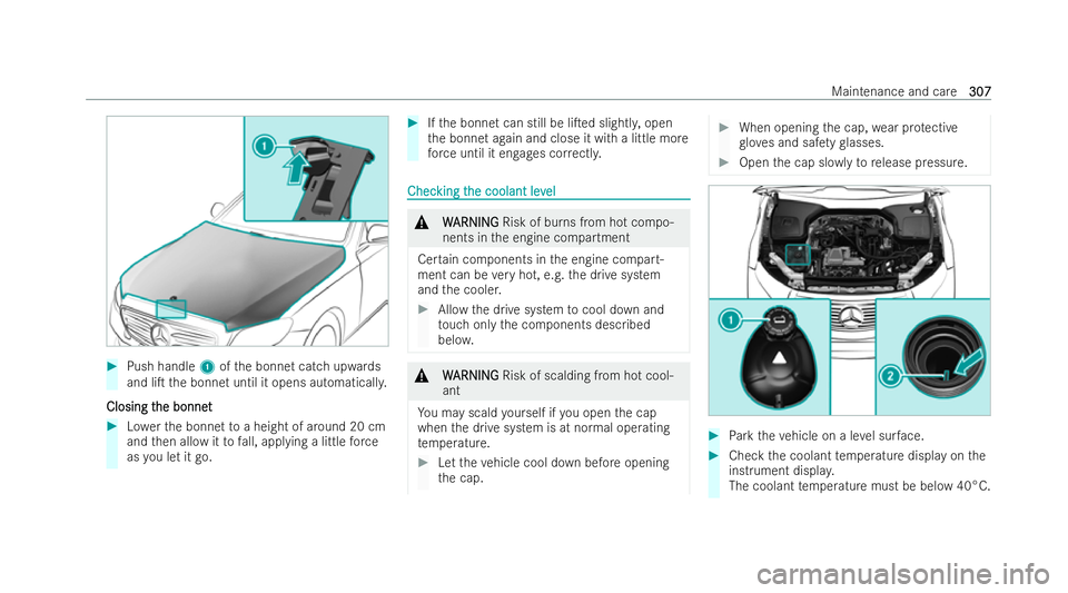 MERCEDES-BENZ EQC SUV 2022  Owners Manual #
Push handle 1ofthe bonnet catch upwards
and liT the bonnet until it opens automaticall y.
Closing t
Closing t he bonnet
he bonnet #
Lowe rth e bonnet toa height of around 20 cm
and then allow it to