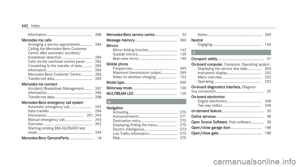 MERCEDES-BENZ EQC SUV 2022  Owners Manual Information...........................................
.288
Mer
Mer cedes me calls
cedes me calls
Ar ranging a service appointment............ 284
Calling the Mercedes-Benz Customer
Centre aTer autom
