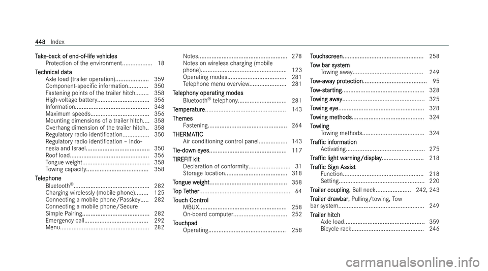 MERCEDES-BENZ EQC SUV 2022  Owners Manual T
T
ak
ak e-bac
e-bac k of end-of-lif
k of end-of-lif e v
e vehicles
ehicles
Pr otection of the environment.................. 18
T
T ec
ec hnical data
hnical data
Axle load (trailer operation)........