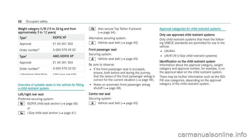 MERCEDES-BENZ EQC SUV 2022 Repair Manual W
W
eight cat
eight cat egor
egory II/III (15 t
y II/III (15 t o 36 k
o 36 kg and frg and fr om
om
appro
appro ximat
ximatel
ely 3 t
y 3 t o 12 y
o 12 y ear
ears)
s) T
T
ype
ype 1
1
KIDFIX XP
KIDFIX X