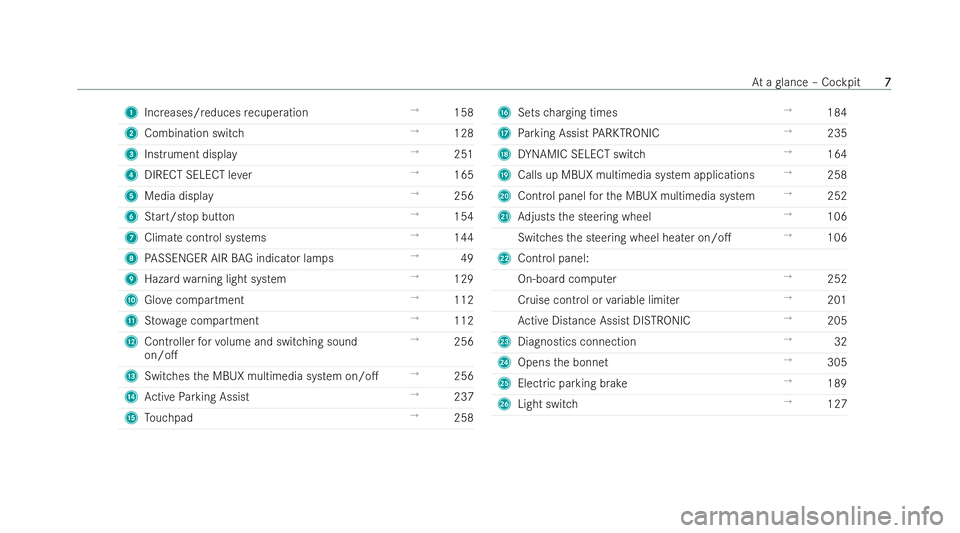 MERCEDES-BENZ EQC SUV 2022  Owners Manual 1
Increases/ reduces recuperation →
158
2 Combination switch →
128
3 Instrument display →
251
4 DIRECT SELECT le ver →
165
5 Media display →
256
6 Start/stop but ton →
154
7 Climate contro