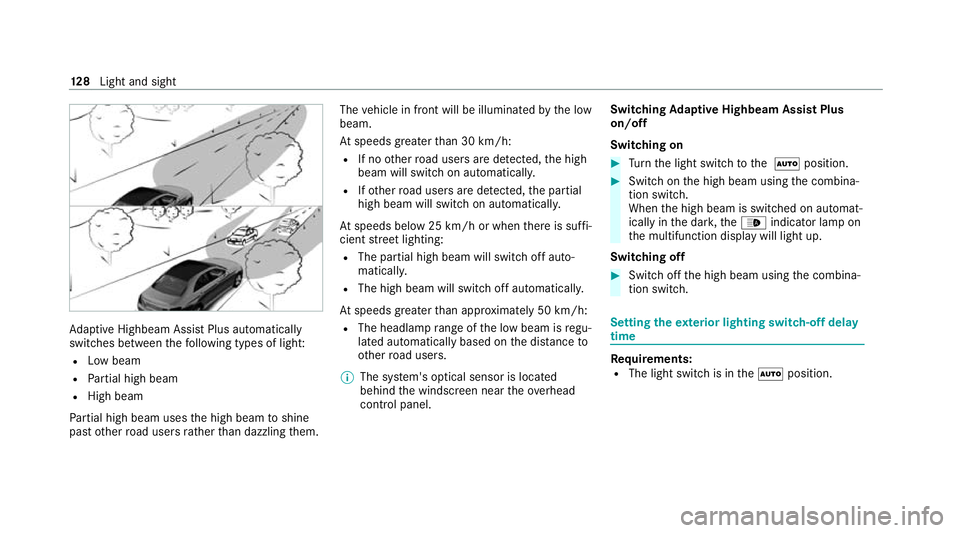 MERCEDES-BENZ EQC SUV 2021  Owners Manual Ad
aptive Highbeam Assist Plus automatically
swit ches between thefo llowing types of light:
R Low beam
R Partial high beam
R High beam
Pa rtial high beam uses the high beam toshine
past other road us