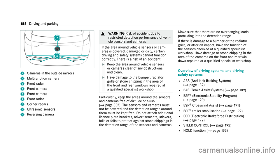 MERCEDES-BENZ EQC SUV 2021  Owners Manual 1
Cameras in the outside mir rors
2 Multifunction camera
3 Front radar
4 Front camera
3 Front camera
4 Front radar
5 Corner radars
6 Ultrasonic sensors
7 Reversing camera &
WARNING Risk of accident du