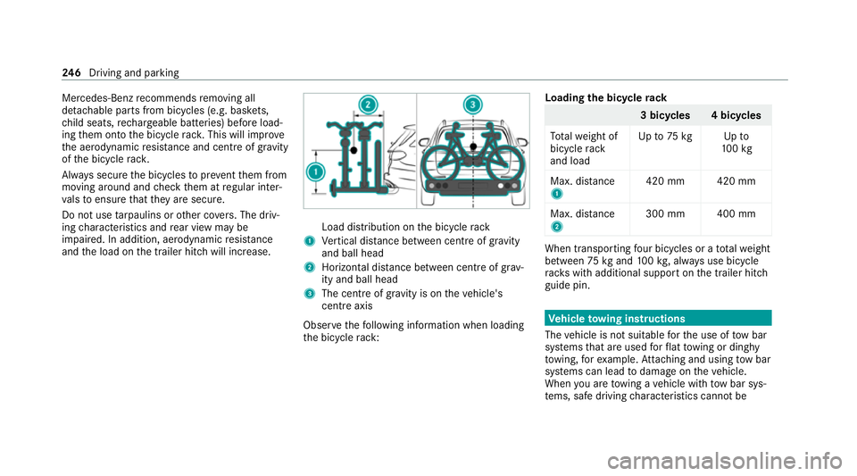 MERCEDES-BENZ EQC SUV 2021  Owners Manual Mercedes-Benz
recommends removing all
de tach able parts from bicycles (e.g. bask ets,
ch ild seats, rech arge able bat teries) before load‐
ing them onto the bicycle rack . This will impr ove
th e 