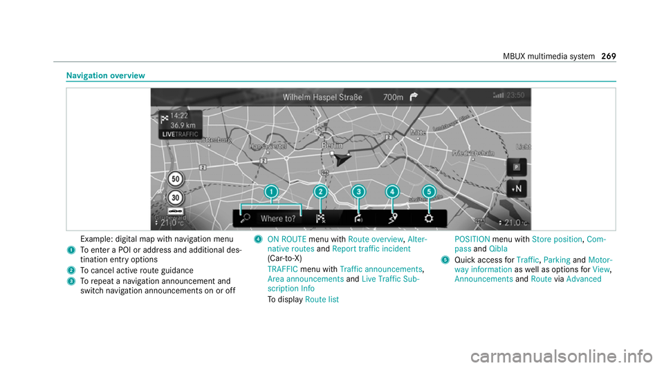 MERCEDES-BENZ EQC SUV 2021 Owners Manual Na
vigation overview Example: digital map with navigation menu
1 Toenter a POI or address and additional des‐
tination entry options
2 Tocancel acti veroute guidance
3 Torepeat a navigation announce MERCEDES-BENZ EQC SUV 2021 Owners Manual Na
vigation overview Example: digital map with navigation menu
1 Toenter a POI or address and additional des‐
tination entry options
2 Tocancel acti veroute guidance
3 Torepeat a navigation announce