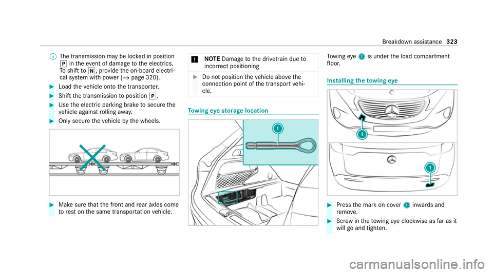 MERCEDES-BENZ EQC SUV 2021  Owners Manual %
The transmission may be loc ked in position
j intheeve nt of dama getothe electrics.
To shift toi , pr ovide the on-board electri‐
cal sy stem with po wer (/ page 320). #
Load theve hicle onto the