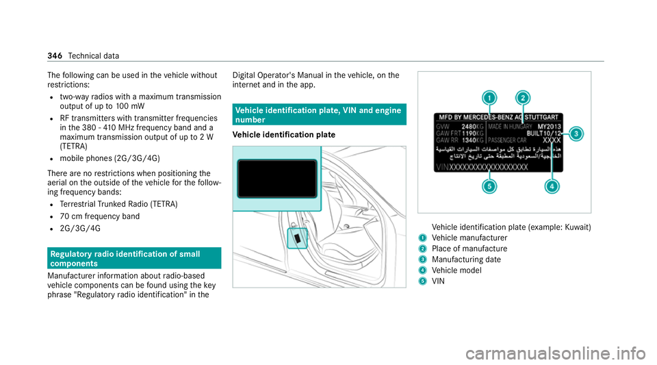 MERCEDES-BENZ EQC SUV 2021 User Guide The
following can be used in theve hicle without
re strictions:
R two-w ayradios with a maximum transmission
output of up to100 mW
R RF transmitters with transmitter frequencies
in the 380 - 410 MHz f