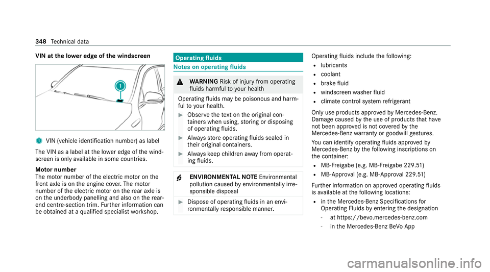 MERCEDES-BENZ EQC SUV 2021 Owners Manual VIN at the lo
wer edge of the windscreen 1
VIN (vehicle identi fication number) as label
The VIN as a label at the lo wer edge of the wind‐
screen is only available in some countries.
Mo tor number
MERCEDES-BENZ EQC SUV 2021 Owners Manual VIN at the lo
wer edge of the windscreen 1
VIN (vehicle identi fication number) as label
The VIN as a label at the lo wer edge of the wind‐
screen is only available in some countries.
Mo tor number