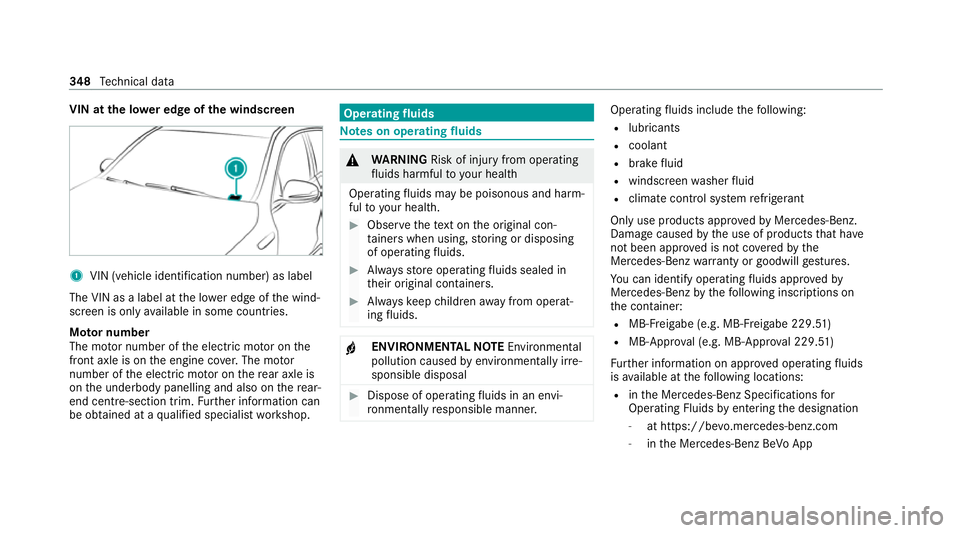 MERCEDES-BENZ EQC SUV 2021 User Guide VIN at the lo
wer edge of the windscreen 1
VIN (vehicle identi fication number) as label
The VIN as a label at the lo wer edge of the wind‐
screen is only available in some countries.
Mo tor number
